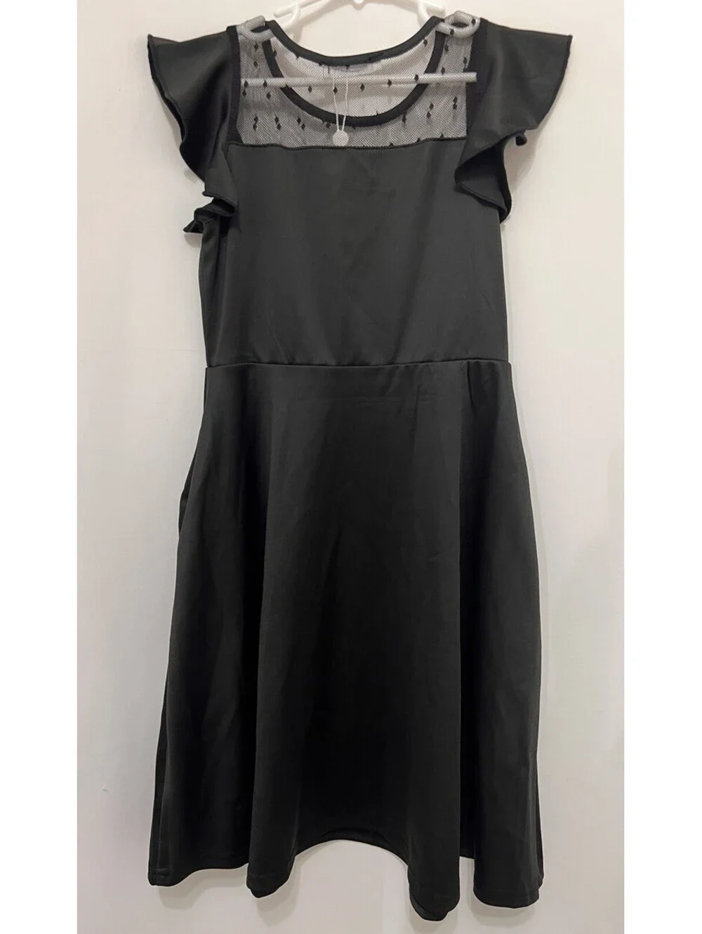 New Arshiner Girls Black Dress Mesh Polka Dot Ruffle Sleeve Formal Party Sz 10